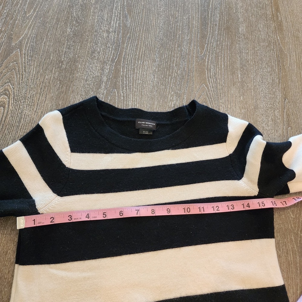 Club Monaco Wool Stripe Sweater Dress XS Black Cream Parisian Quiet Luxury - Picture 9 of 13